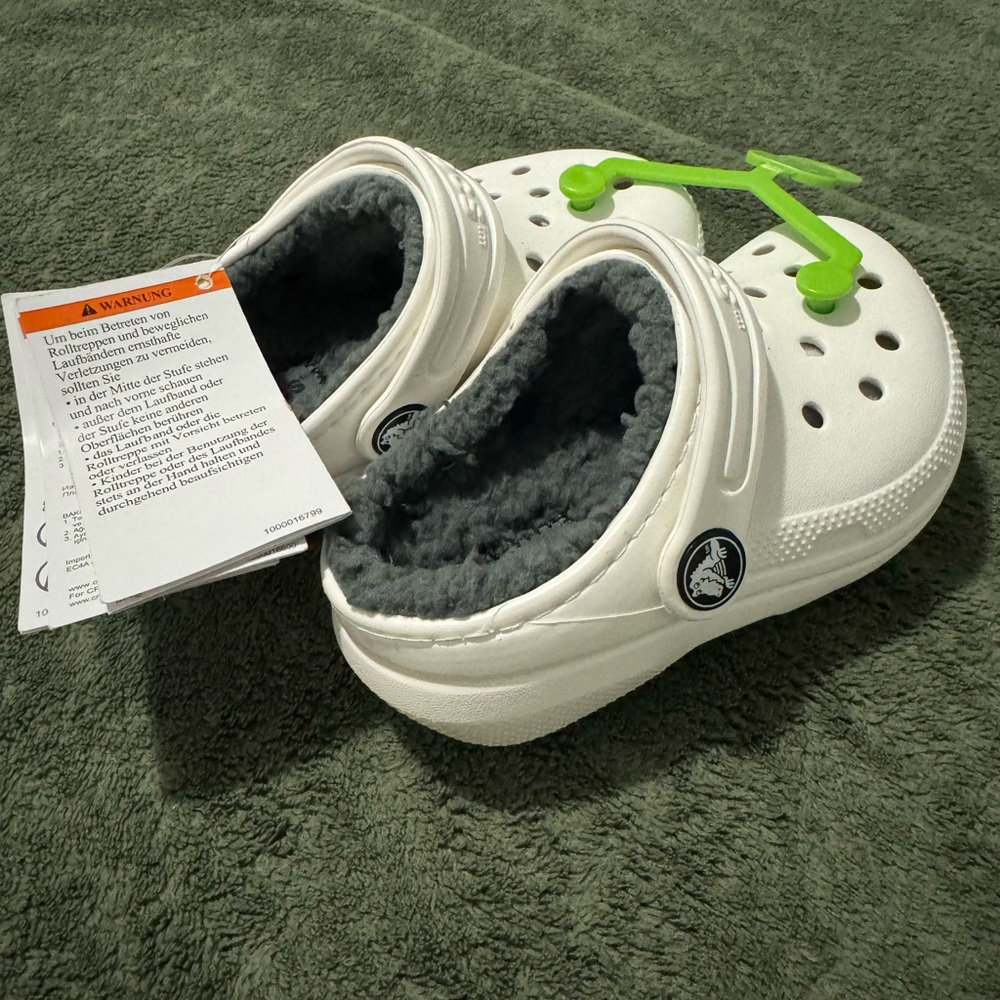 CROCS Kids White Slippers with Gray Fleece